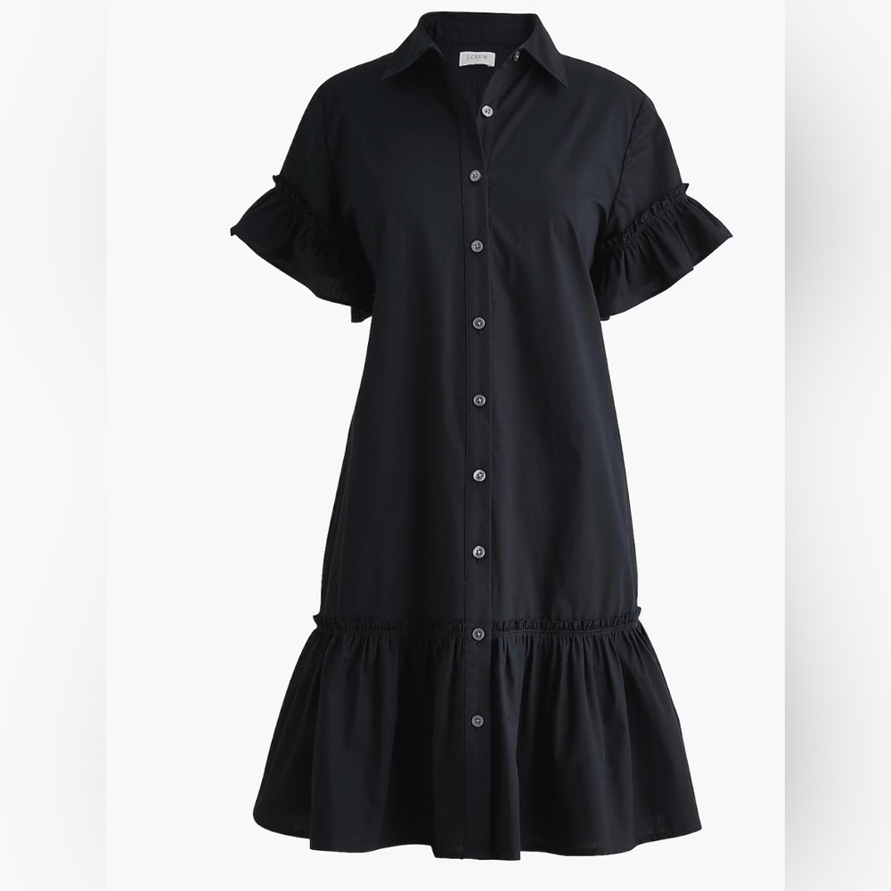 NWT- J. Crew Black Button-Front Ruffle Sleeve Mini Shirtdress